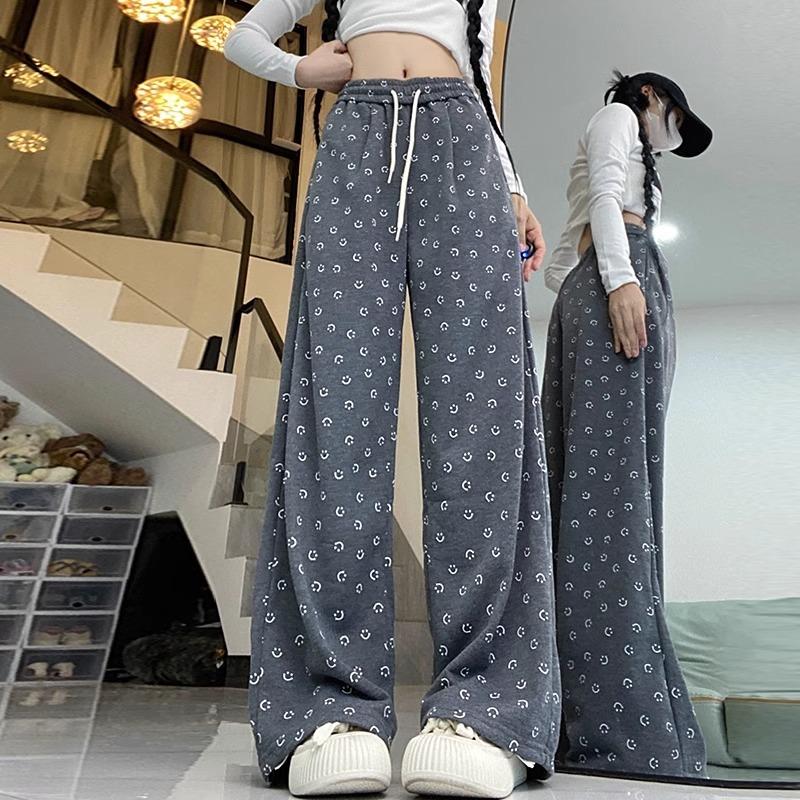 Gray Smiley Face Printed Straight Wide-leg Pants Women's Spring and Autumn New High-waisted Drape Sweatpants Loose and Thin Casual Pants