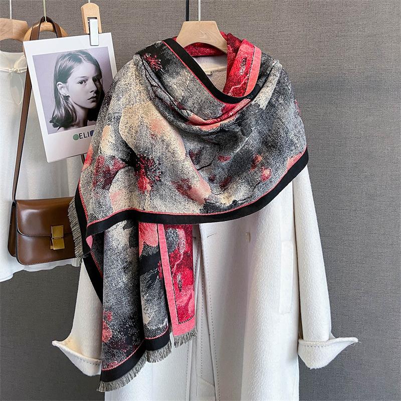 

Дизайнерский цветочный принтованный кашемировый шарф для женщин, зимние пашминовые шали и накидки, толстые теплые палантины-буфанда, роскошное одеяло 65x190cm