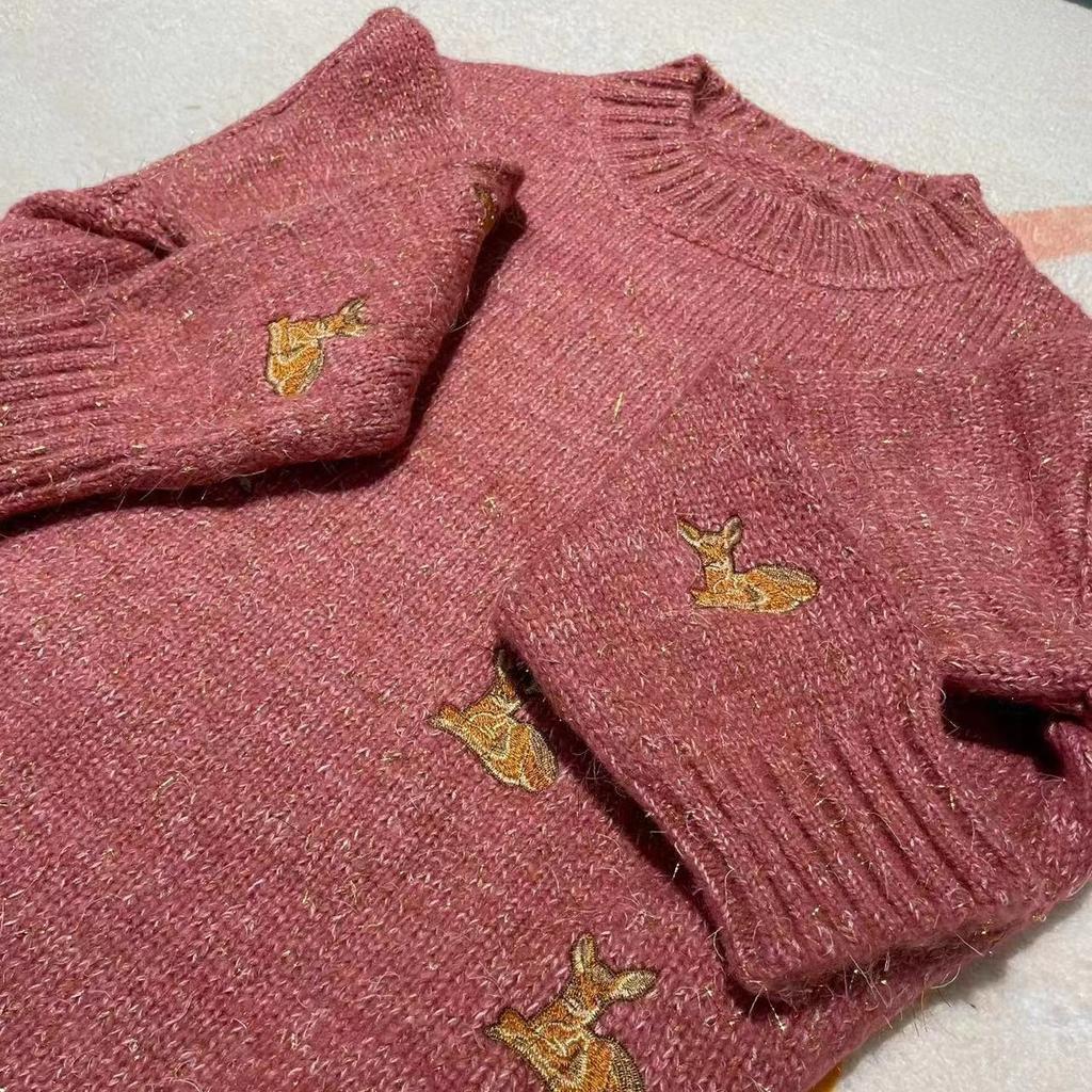 2025 Women's Gold Sweaters Ulzzang Vintage College Deer Embroidery Sweater Female Thick Cute Loose Harajuku Clothing