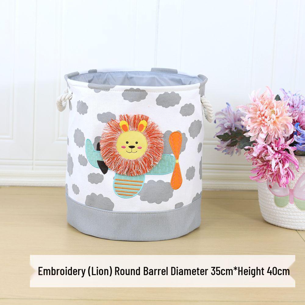 Children's Cartoon Embroidery Storage Bucket - Fabric Cotton Linen Organizer for Toys, Laundry, and Sundries.
