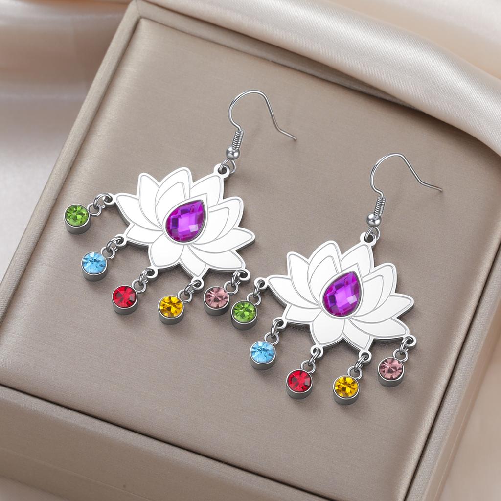Cazador Lotus Flower Om Symbol Drop Earrings for Women Stainless Steel 7 Chakra Yoga Meditation Jewelry Earrings Amulet Gift