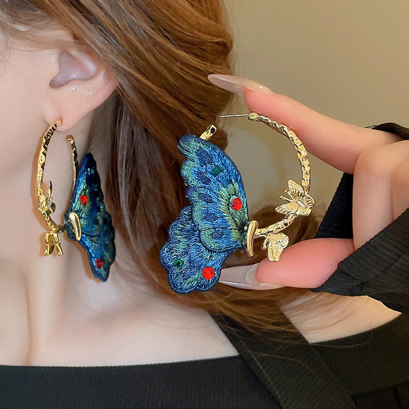 Vintage Fabric Embroidery Diamond Set Butterfly Circle Silver Needle Earrings Geometric Earrings