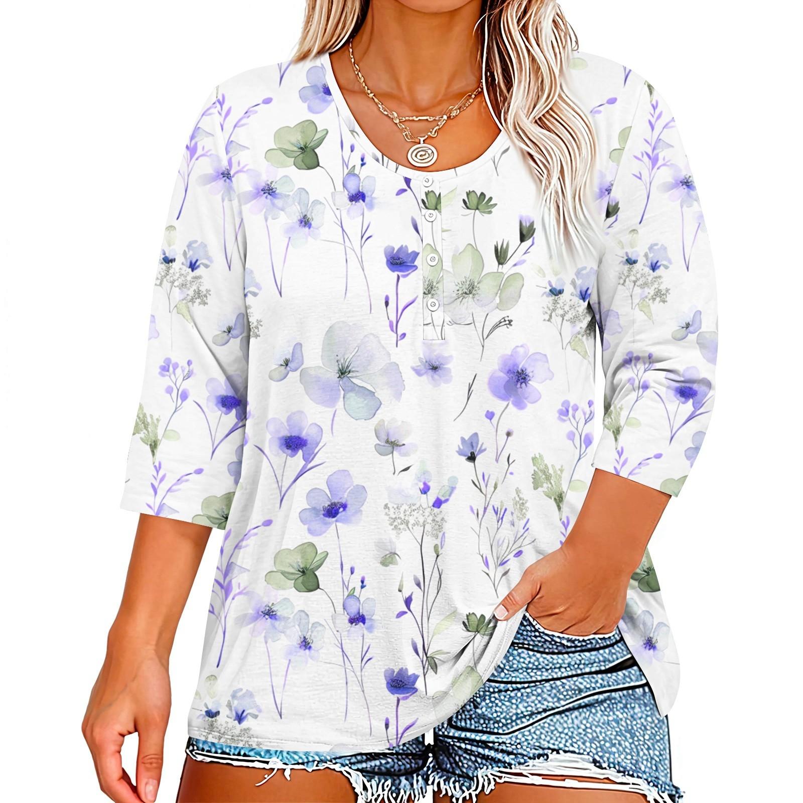 

Рубашки с рукавом 3/4 для женщин, футболки с рисунком и пуговицами, блузки с v-образным вырезом, повседневные базовые топы больших размеров, пуловеры M белый