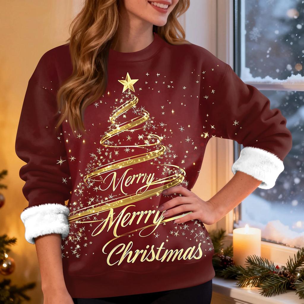 Women's Fashion Casual Long Sleeve Christmas Printed Round Neck Top Sweatshirt