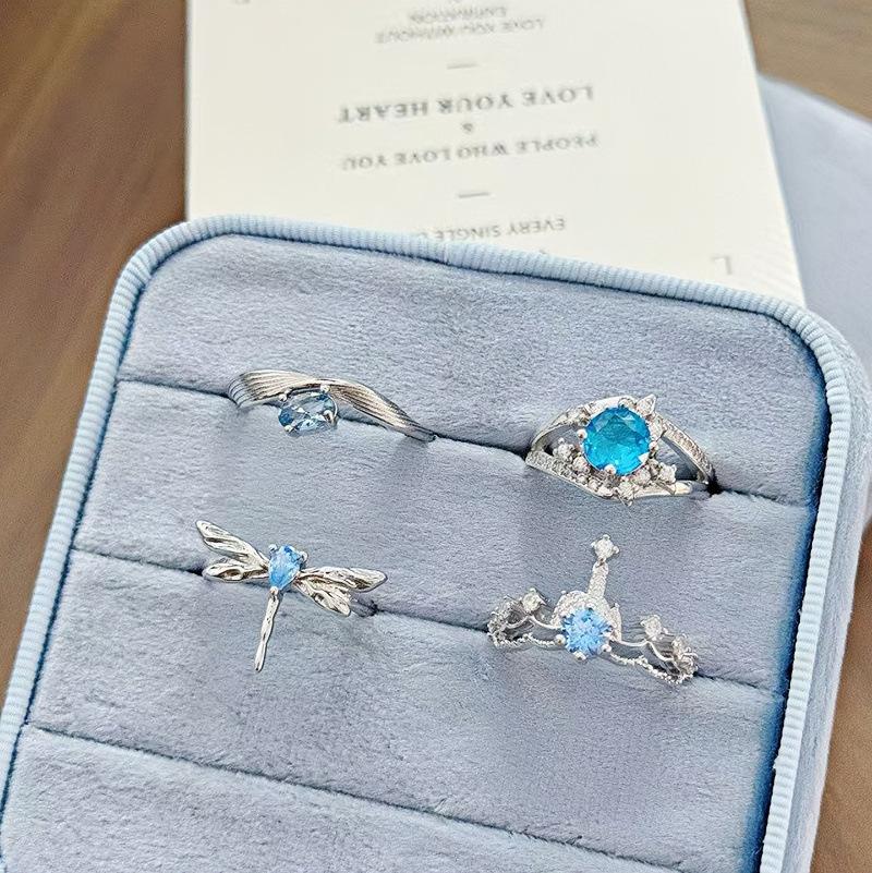 New Niche Light Luxury High Sense Sea Blue Zircon Super Fairy Open Ring Simple Fashion Jewelry Women