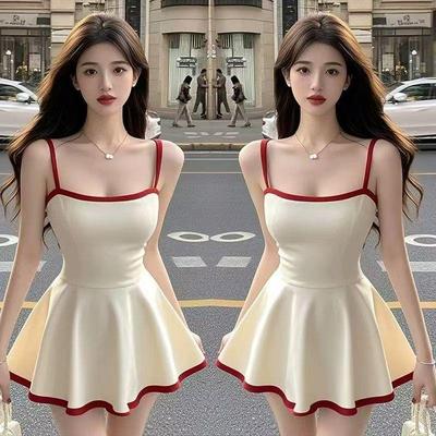 Elegant Retro French Square Neck Camisole Dress - Summer Color Block, Waist Cinched Short Skirt
