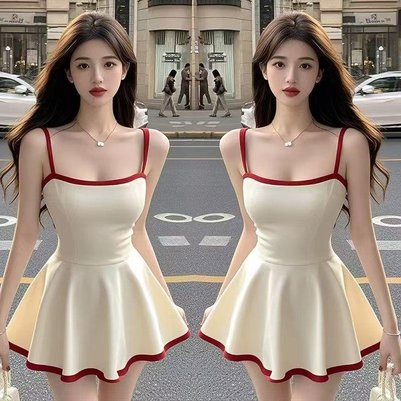 Элегантное ретро французское платье-майка с квадратным вырезом - Летняя цветовая блокировка, Приталенная короткая юбка S
