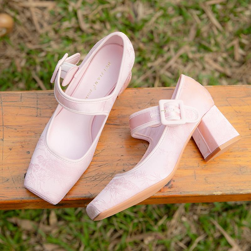 

Новый китайский дизайн, квадратный носок, высокий каблук, женские туфли на толстом каблуке Мэри Джейн, национальный стиль, одинарные туфли из овчины 34 розовый