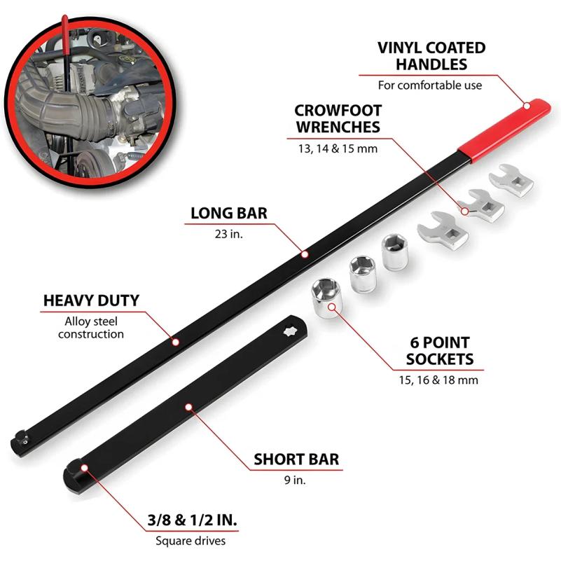 Universal Serpentine Belt Tensioner Tool Kit 8PCS 3/8" & 1/2" Drive Adjustable Wrench for Automotive Repair