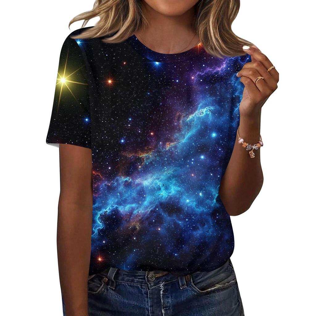 Women's Fashionable Casual Short Sleeve Print Round Neck Pullover Top