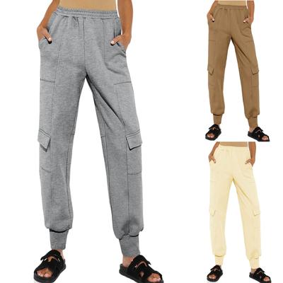 Women Elastic High Waist  Casual Active Fit Wide Long Leg Pants Trousers With Pockets