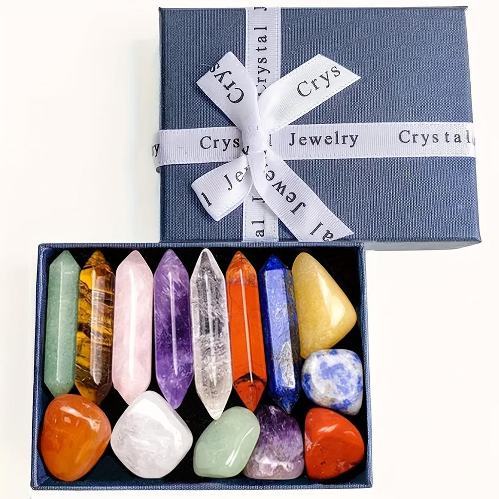 14pcs Natural Stone Double Terminated Points Irregular Tumble Pebble Black Box Set Holiday Gift Box Tiger Eye Rose Quartz