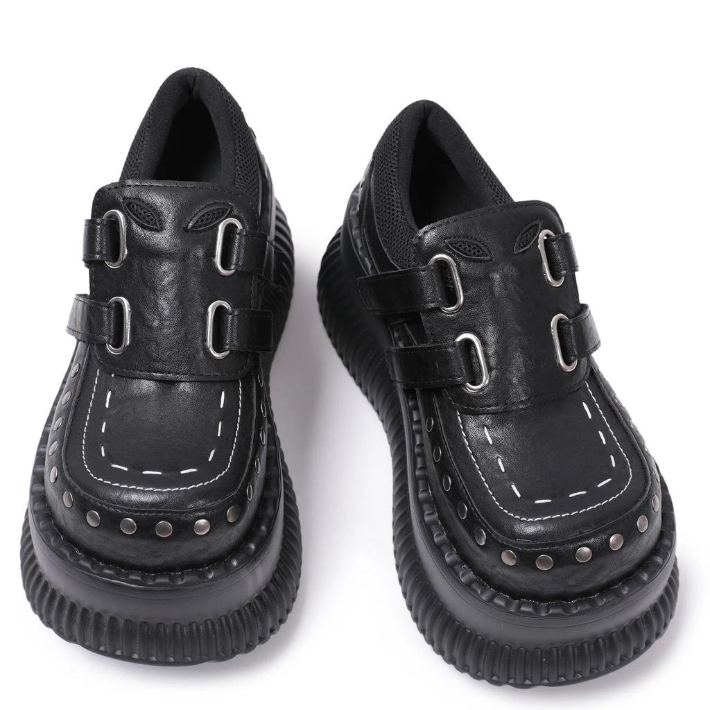 Fashion Metal Decoration Chain Round Toe Thick Sole Platform Chunky Heels Women Pumps Hook Loop Fashion Punk Gothic Western Street Shoes