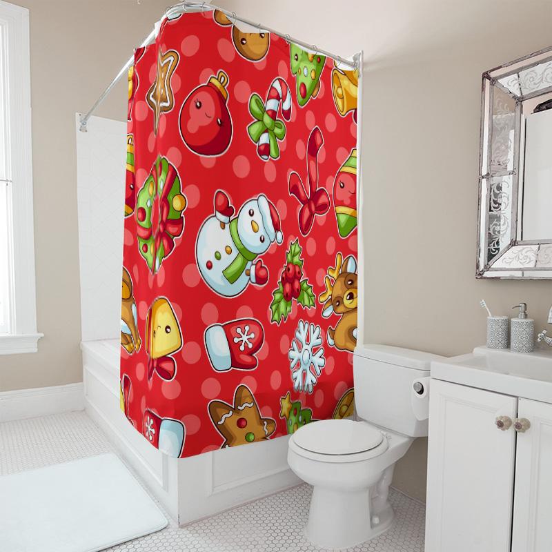 Tu Festive Christmas Shower Curtain Holiday Bathroom Decor Reindeer Snowman Pattern Waterproof Fabric Backdrop Xmas Home Textile