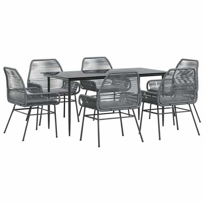 VidaXL Ensemble à manger jardin coussins 7 pcs gris poly rotin verre, ensemble de salle à manger d'extérieur, meuble de 3334482