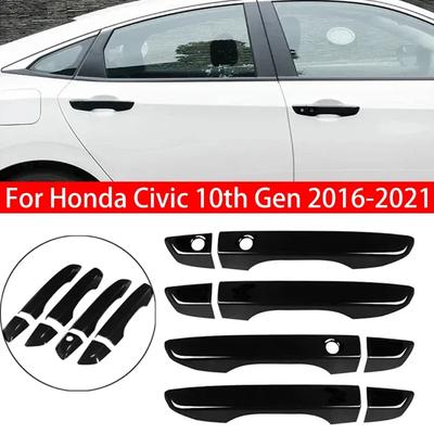 For Honda Civic 10th Gen 2016- Car Carbon Fiber Style Black Exterior Door Handle Moulding Cover Trim w/Keyless Entry Decor