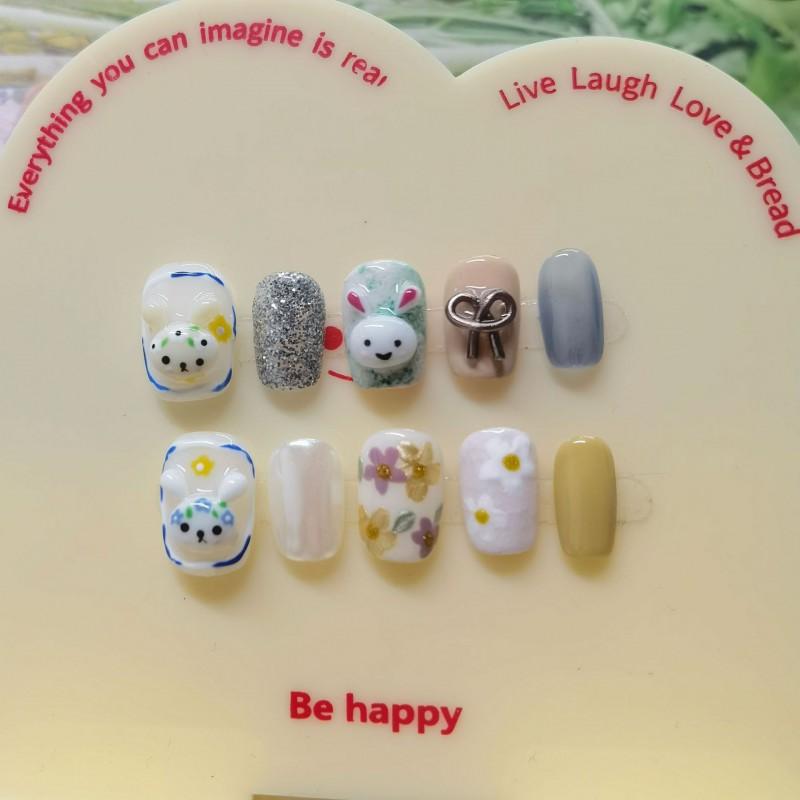 Handmade Press-On Nails Short Square Style Cute Cartoon Yellow Design Wearable Nail Tips Women Girls