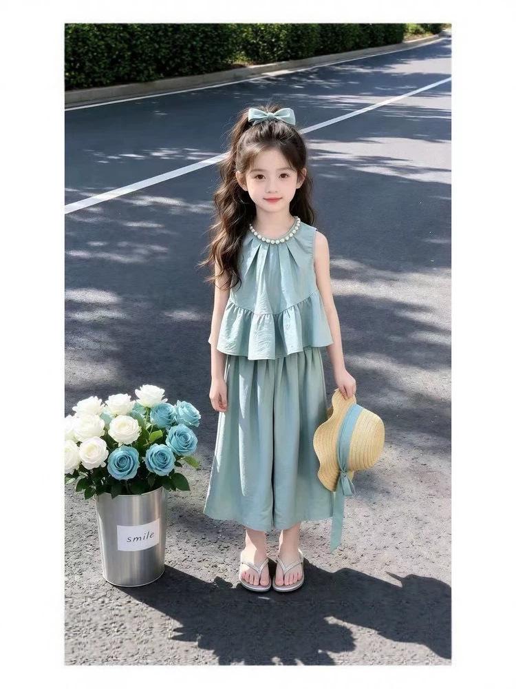 2026 Girls' Korean Style Summer Set: Chic Doll Shirt & Wide-Leg Pants