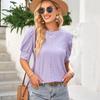 Ladies Summer Button Short Sleeve O Neck Solid Color Hollow Breathable Pullover T Shirt Top