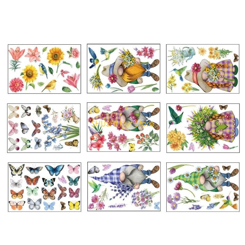 

9 Sheets Spring Butterfly Flower Gnomes Window Sticker Set Static Window Decal Clings for Home and Store Decorations D57B CN