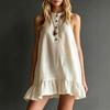 European and American Spring and Summer New Cotton and Linen Solid Color Elegant Stand-up Collar Sleeveless Ruffle Edge Dress Women