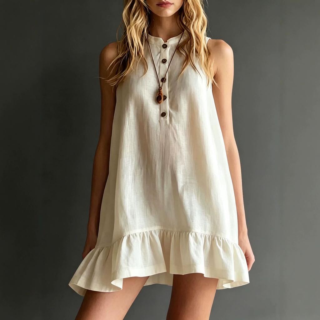 European and American Spring and Summer New Cotton and Linen Solid Color Elegant Stand-up Collar Sleeveless Ruffle Edge Dress Women