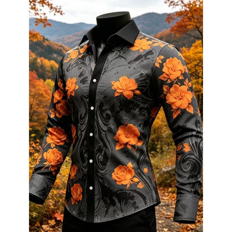 New Long Sword Black Wings Baroque 3D Printed Long Sleeve Shirt Smooth Satin Collar Men's Top Clothing