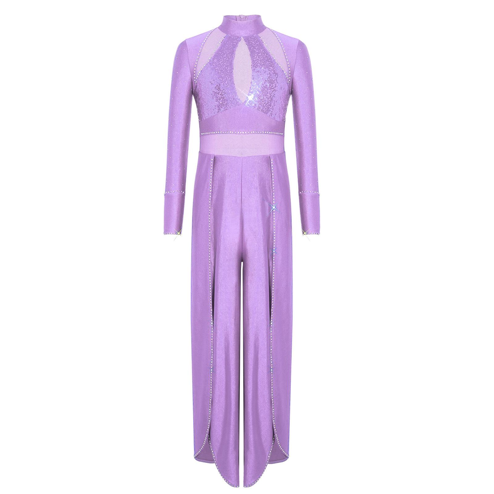 

Girls Lyrical Dance Shiny Rhinestones Sequins Mesh Patchwork Jumpsuit Mock Neck Long Sleeve Wide Leg Dancewear 5-6 Years лавандовий