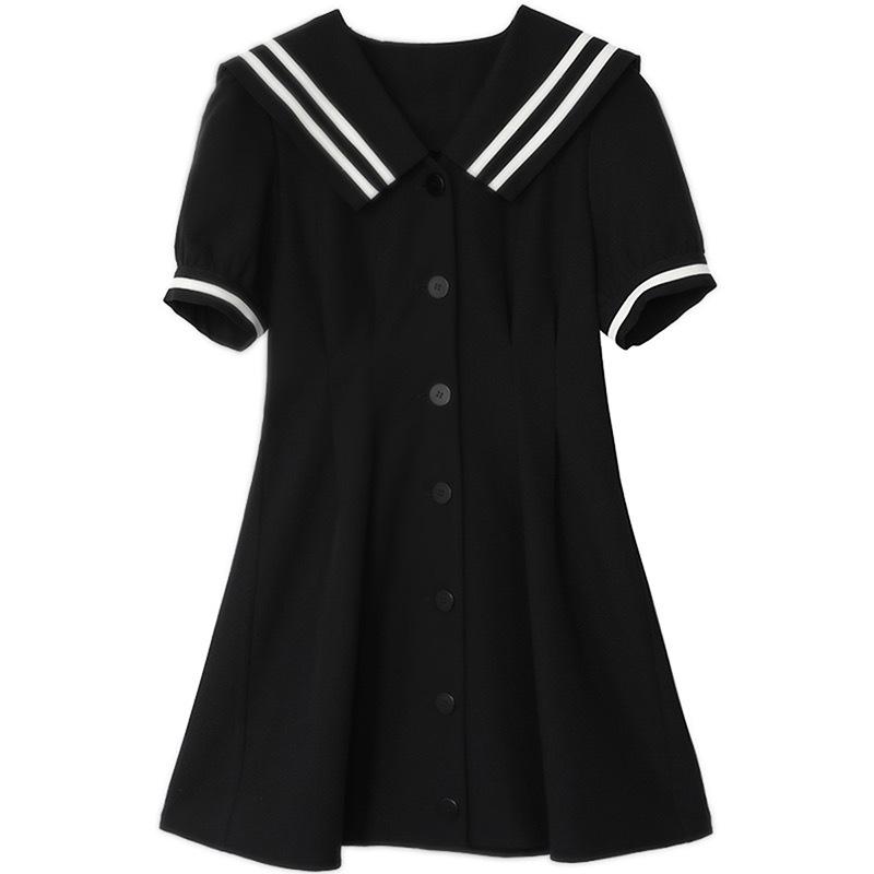 Black Academy Short Sleeve Navy Collar Dress Women's Summer Temperament Waist Skinny Waist Pinch Waist Short Skirt