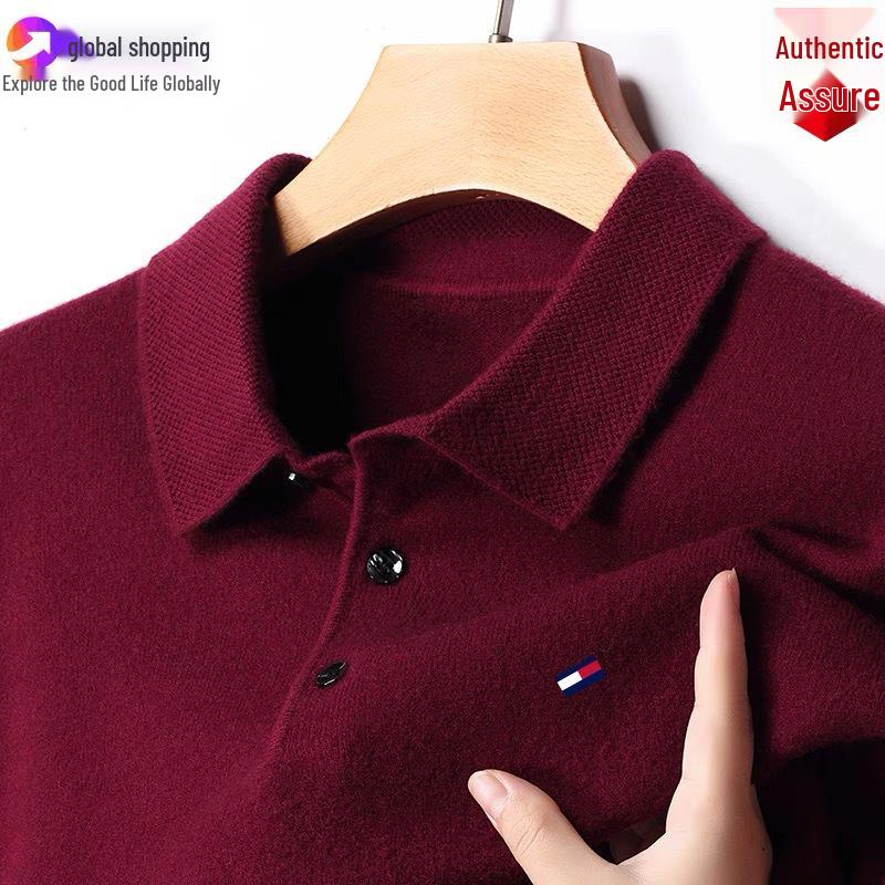 Autentyczny męski sweter Tommy z kaszmiru, z długim rękawem - Jednolity kolor, Haftowany, Kołnierz, Duży rozmiar, Uniwersalna dzianinowa baza.