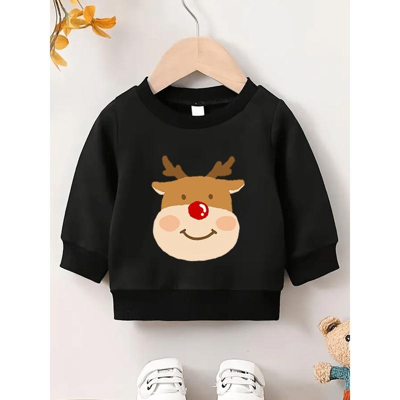 European Sizes Christmas Reindeer Print Pattern, Comfortable Thin Round-Neck Sweatshirt for Baby Kids In Spring And Autumn