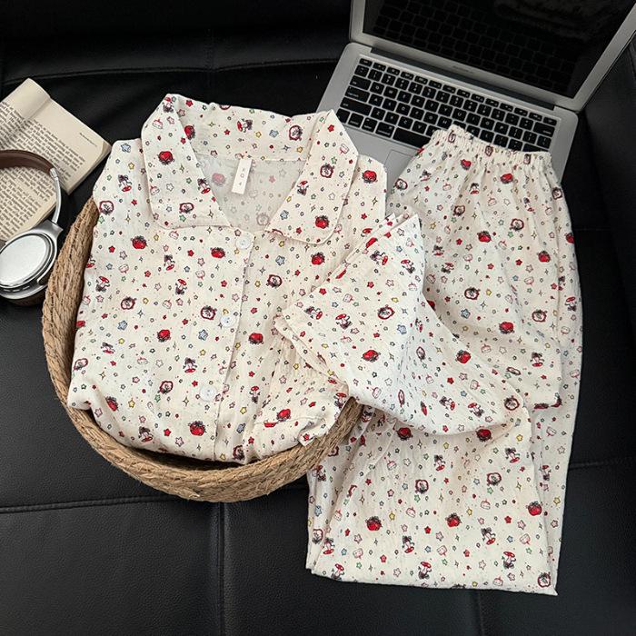 Women's Spring & Fall Cloud Cotton Pajama Set - Lightweight, Sweet Doll Collar, Long Sleeve & Pants with Prints.