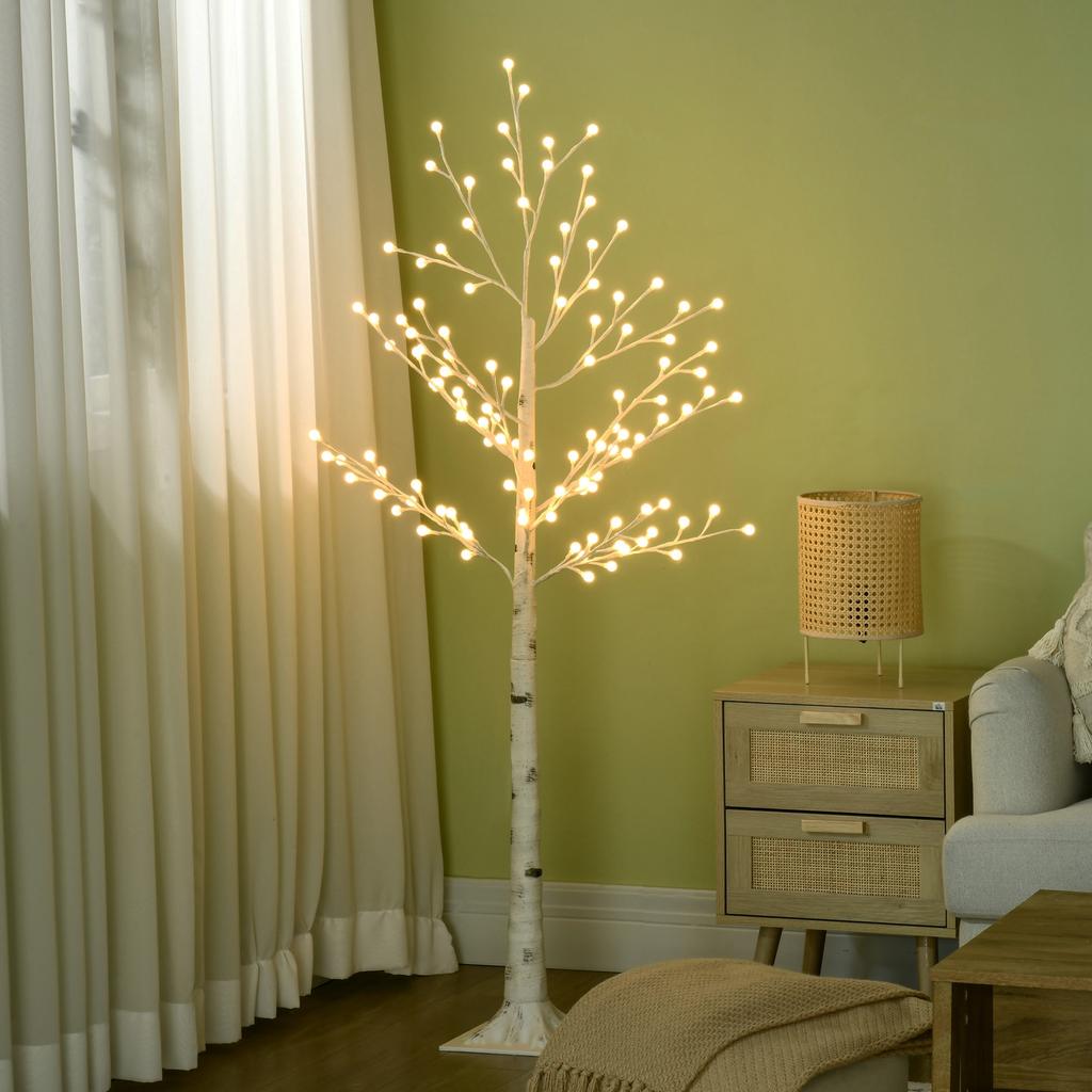 Artificial Birch with 120 LED Lights, 3 Brightness Levels, Foldable Branches, IP44, 150 Cm, White