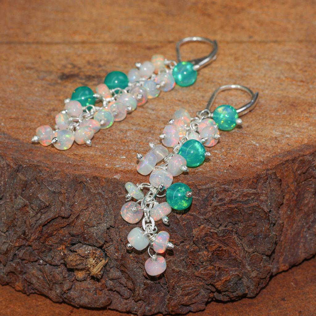 Opal Bead Cluster Earrings: Ethiopian Opal, Sterling Silver or Gold Filled