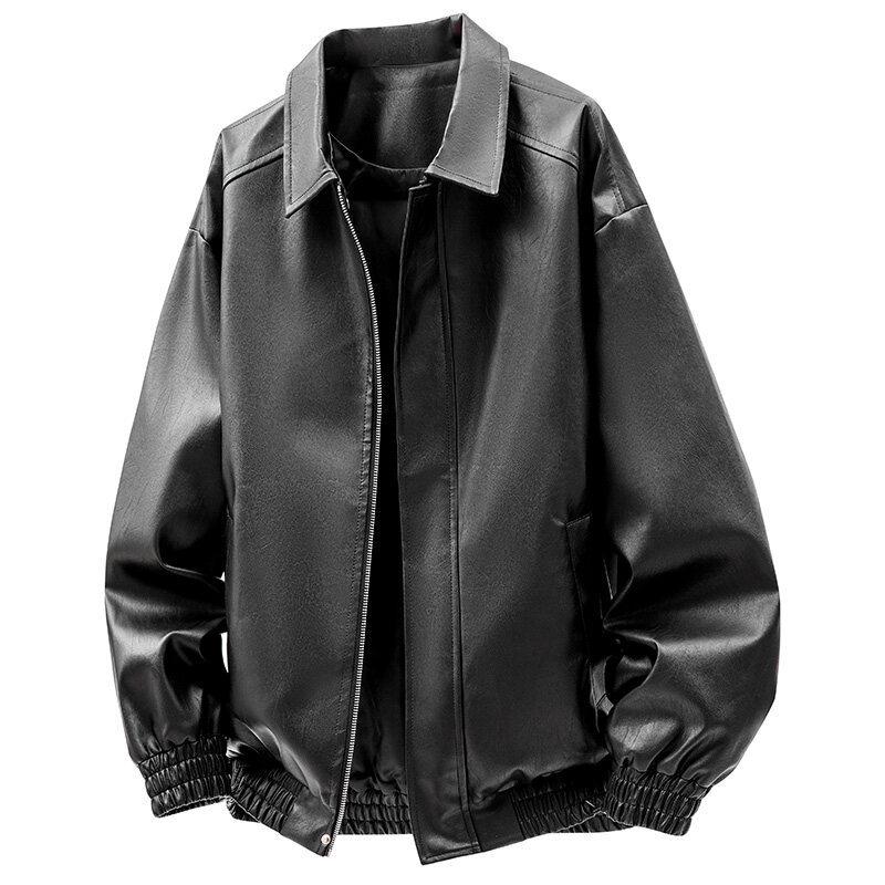 

Американская мотоциклетная кожаная куртка мужская весенне-осенняя однотонная повседневная универсальная короткая кожаная куртка с отворотом M чёрный
