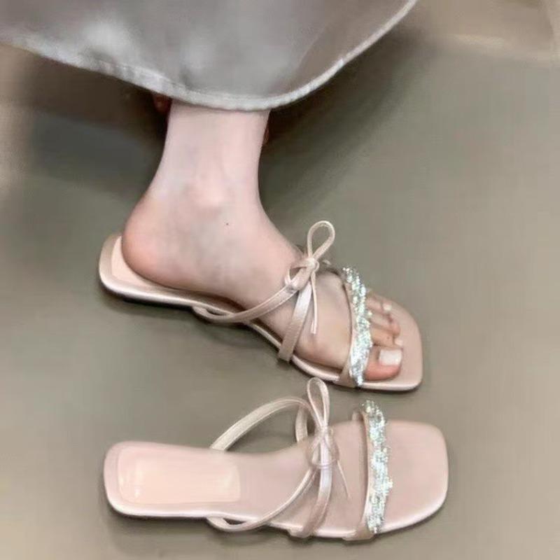 

Fashion Summer New Style Fashion Women Crystal Butterfly-knot Slippers Concise Beach Slide Ladies Thick Heel Dress Sandals Zapatos Mujer 39 розовый