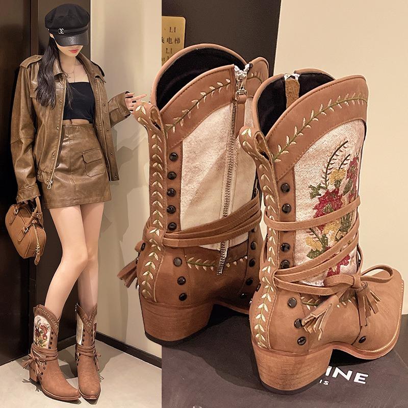 Women’s Brown Embroidered Lace-Up Motorcycle Boots, Chunky Heel, Retro Biker Style, Wide Size