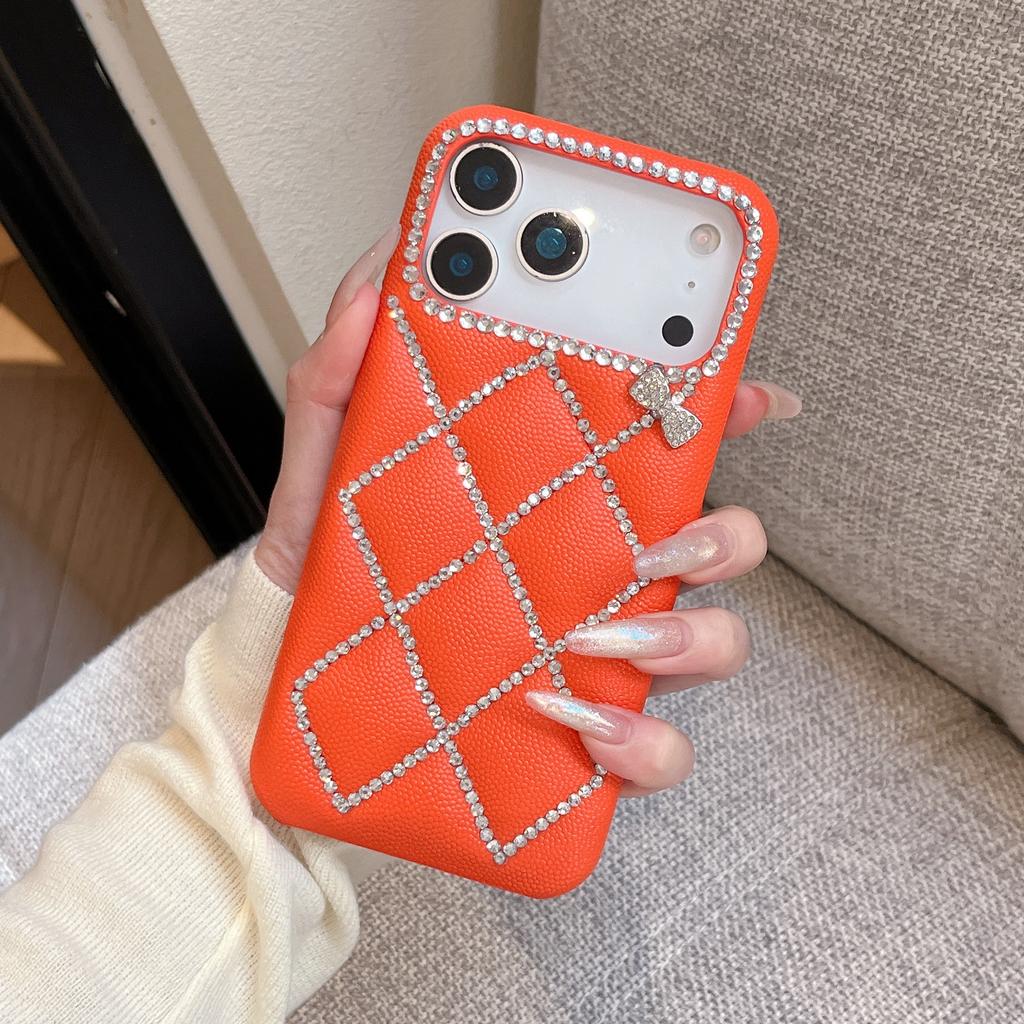 3D Grid Lattice Glitter Diamond PU Leather Hard PC Case for iPhone Air 16 15 14 13 17 Pro Max Bling Rhinestone Bowknot Cover