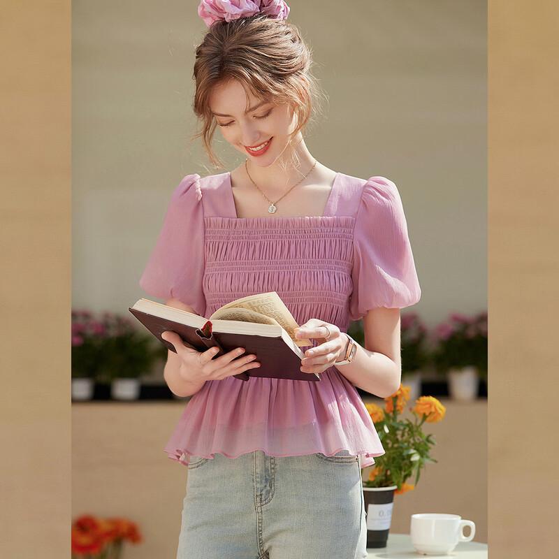 Women s Puff Sleeve Ruffle Trim Square Neck Blouse L