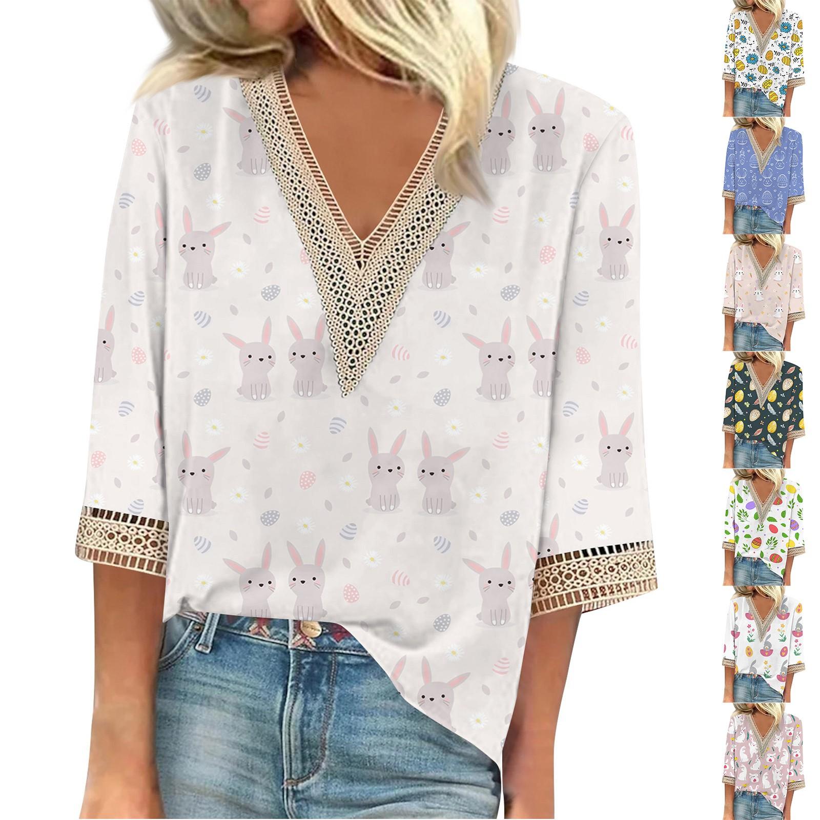 

Женская рубашка, блузка, повседневные свободные рубашки, рукава 3/4, кружевные топы с v-образным вырезом и принтом, топы с принтом, футболки, футболки L синий