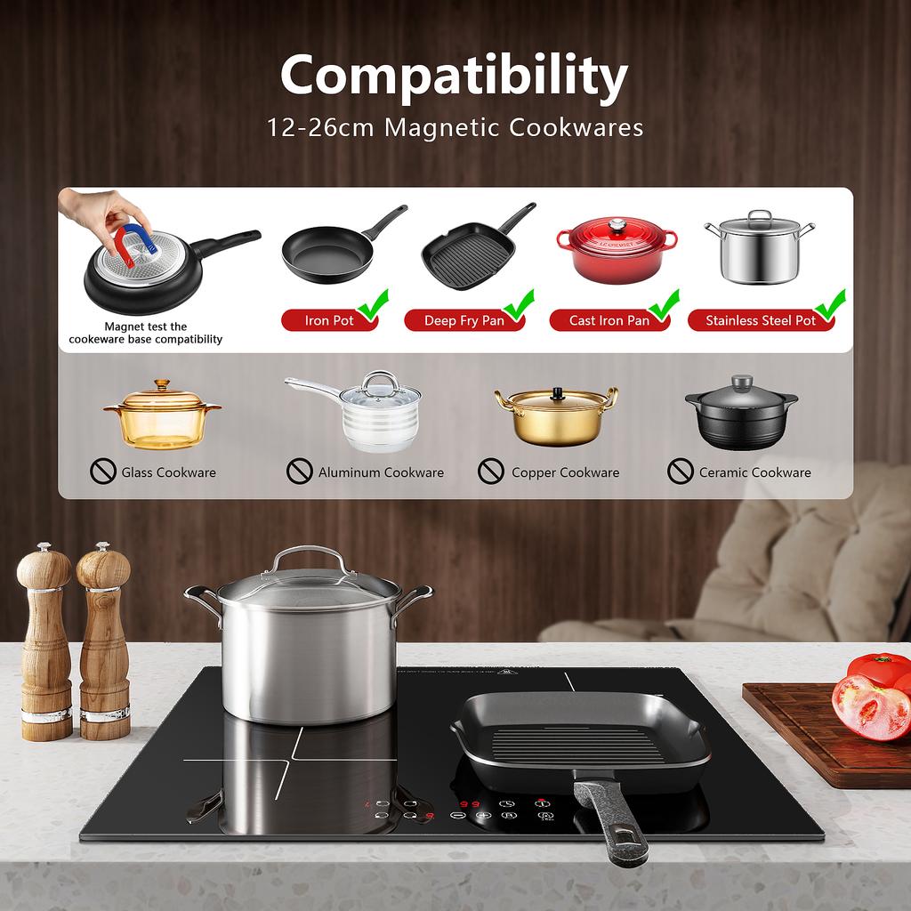 60cm Built-in 4 Zone Induction Cooktop with Booster, Touch Control, 6000W, 9 Power Levels, Timer, Child Lock, 220-240V