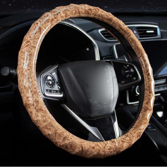 15 Inch Leather Steering Wheel Cover Peach Wood Grain Anti-Slip Breathable Comfortable Four Seasons Universal Car Wheel Protector (Coffee)