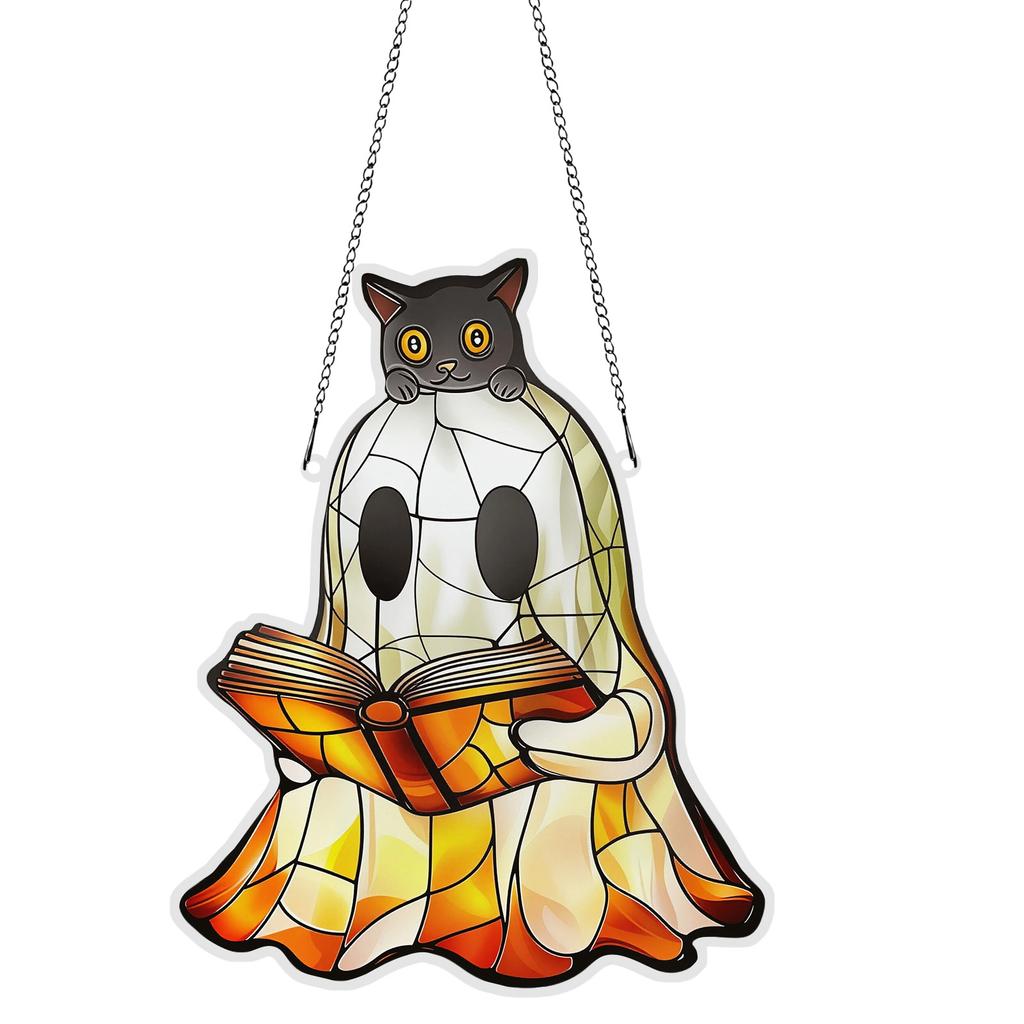 2D Acrylic Ghost Pendant with Cat and Book Design Hanging Decoration for Home Window or Wall Display Halloween Theme