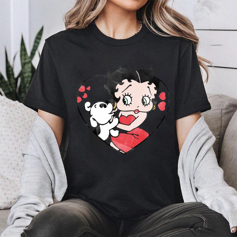 Betty Boop with Pudgy Dog Shirt Vintage Women Summer Cotton Short Sleeve Retro Cartoon Girl Graphic Printed Casual Daily Outfit