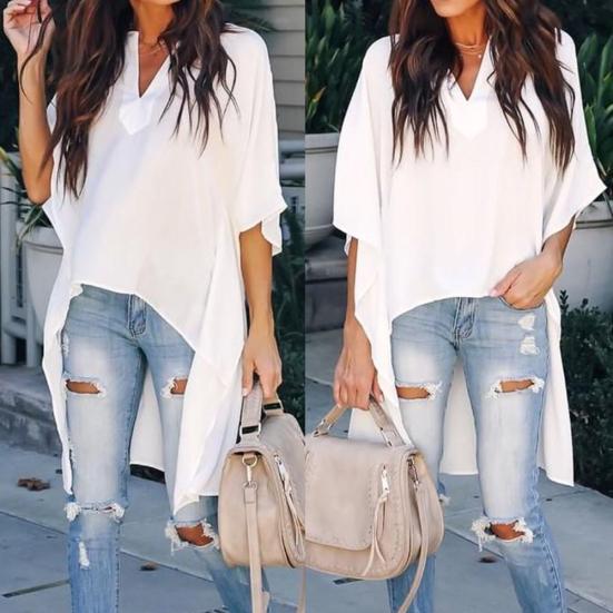 Hemd, große Größe, V-Ausschnitt, Top, Bluse, halb unregelmäßig, ausgestellte Ärmel, locker