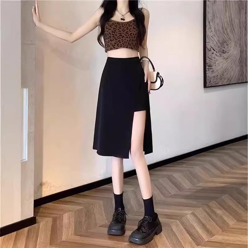 Slimming High-Waisted Black Midi Skirt with Slit for Summer 2025