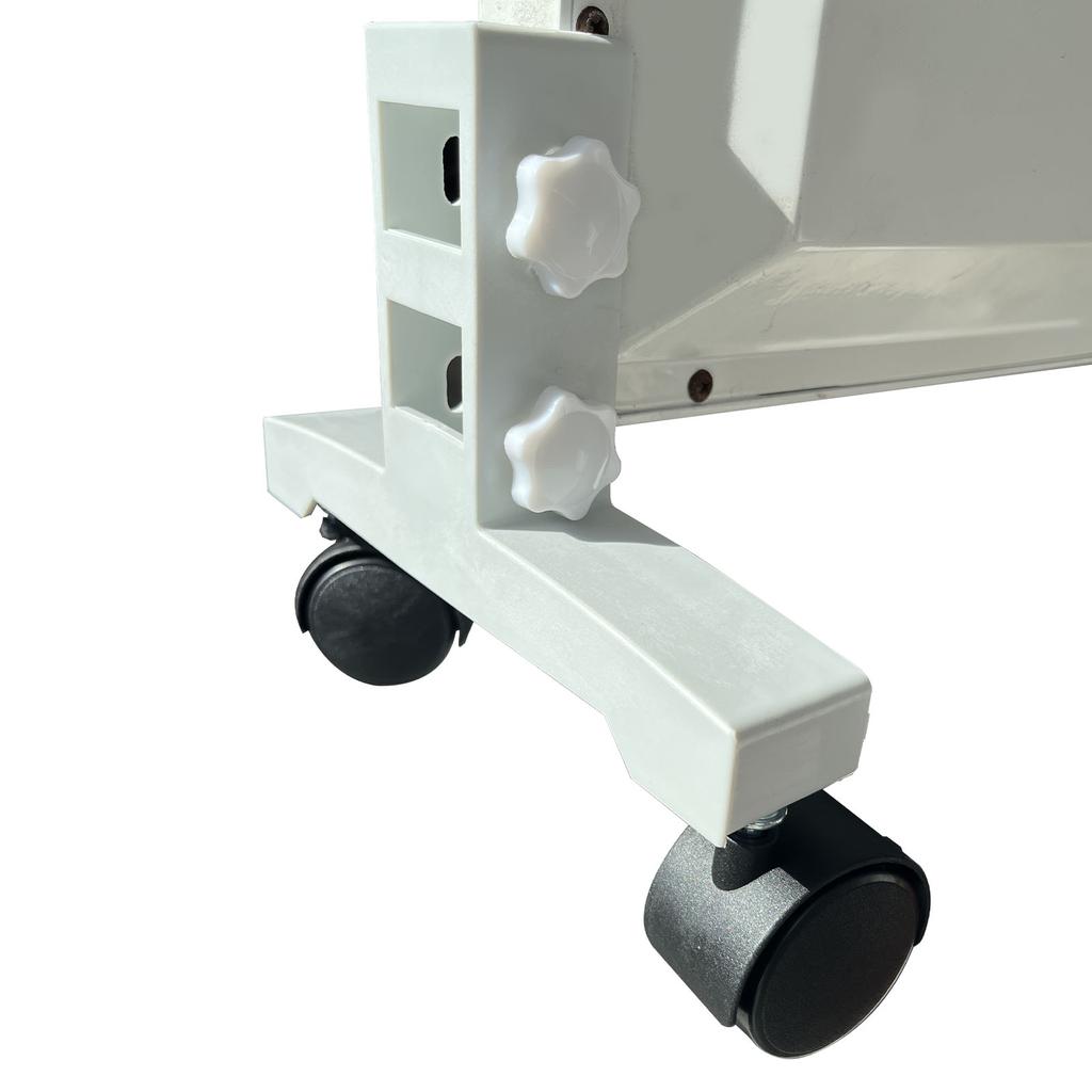 Foot bracket with wheels for infrared heater providing mobility and stable support with an added load bearing horizontal bar