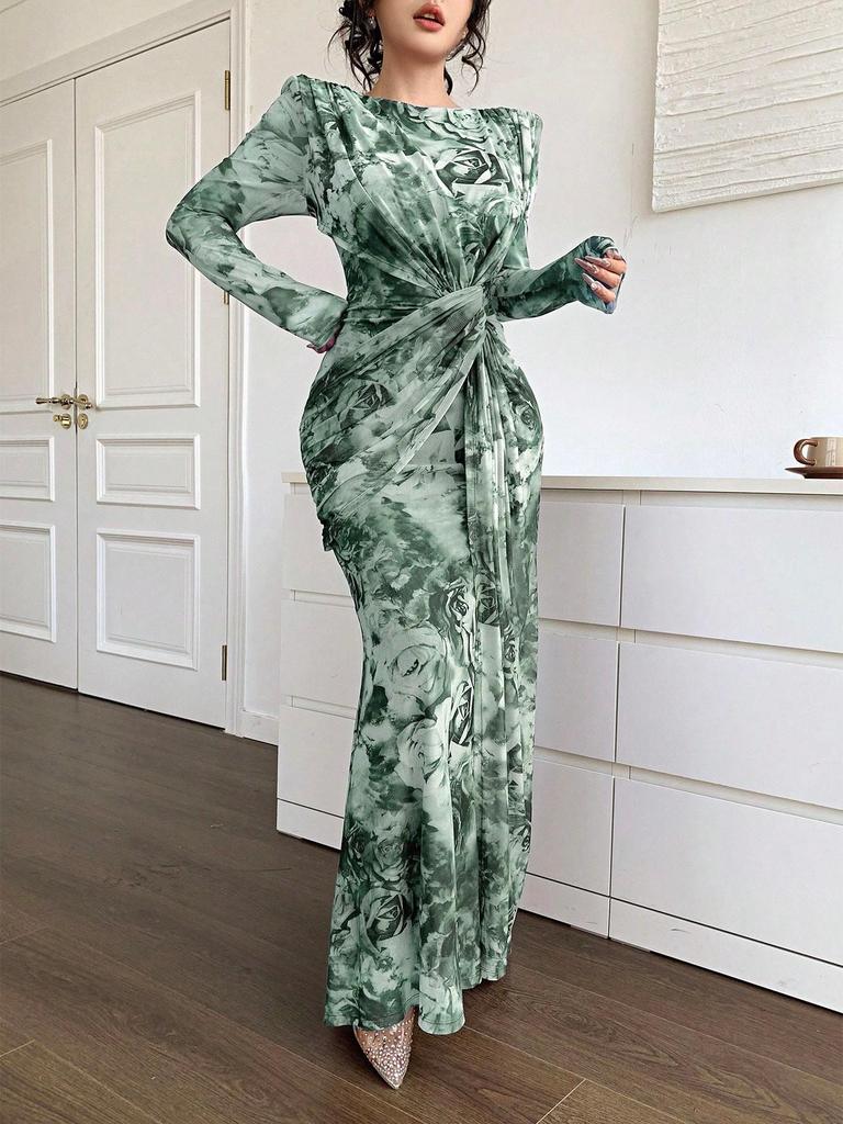 2025 Summer European & American U-Neck Long Sleeve Patchwork Slim Fit Printed Women's Dress