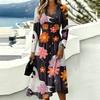 Women's Casual Halloween Print Long Sleeve V-Neck Dress with Pockets