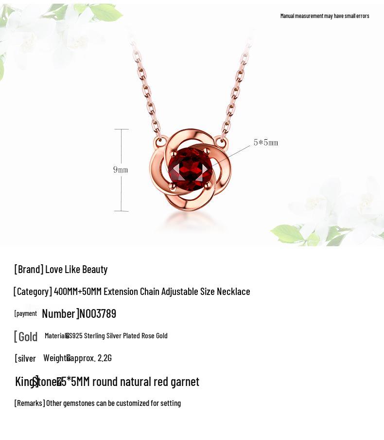 Women's Four-Leaf Clover Necklace, 925 Silver with Natural Red Garnet Choker Jewelry